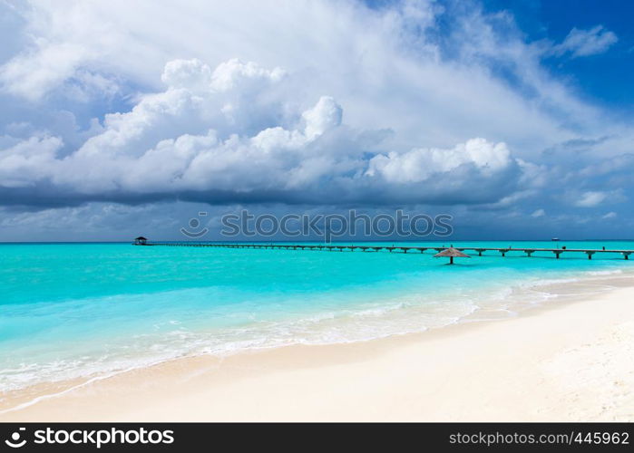 Maldives beach resort panoramic landscape. Summer vacation travel holiday background concept. Maldives paradise beach.