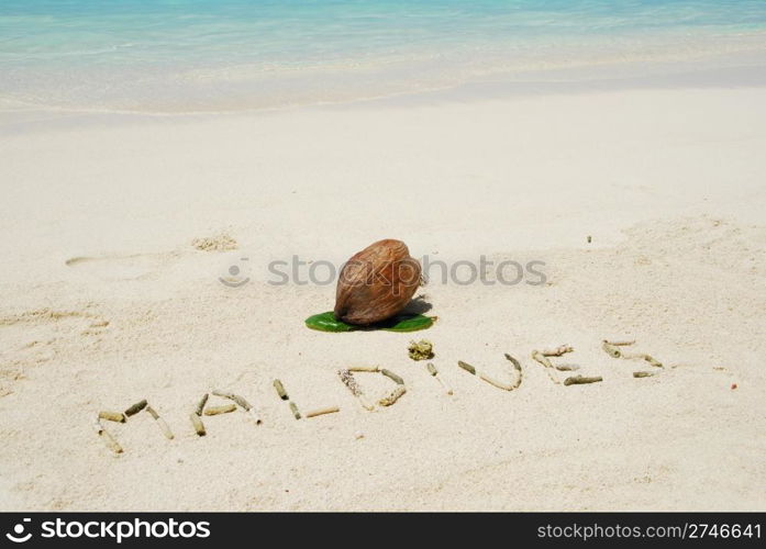 Maldives note written on a white sandy beach and coconut fruit