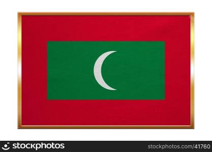 Maldivian national official flag. Patriotic symbol, banner, element, background. Correct colors. Flag of Maldives , golden frame, fabric texture, illustration. Accurate size, color