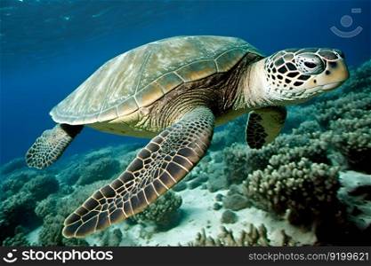 Maldivian Sea Turtle Floating Up And Over Coral reef with beautiful colorful background. Neural network AI generated art. Maldivian Sea Turtle Floating Up And Over Coral reef with beautiful colorful background. Neural network generated art