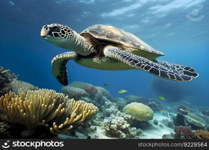 Maldivian Sea Turtle Floating Up And Over Coral reef with beautiful colorful background. Neural network AI generated art. Maldivian Sea Turtle Floating Up And Over Coral reef with beautiful colorful background. Neural network generated art