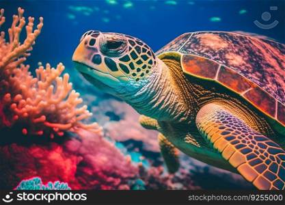 Maldivian Sea Turtle Floating Up And Over Coral reef with beautiful colorful background. Neural network AI generated art. Maldivian Sea Turtle Floating Up And Over Coral reef with beautiful colorful background. Neural network generated art