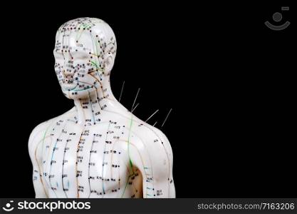 male acupuncture model with needles on a black background