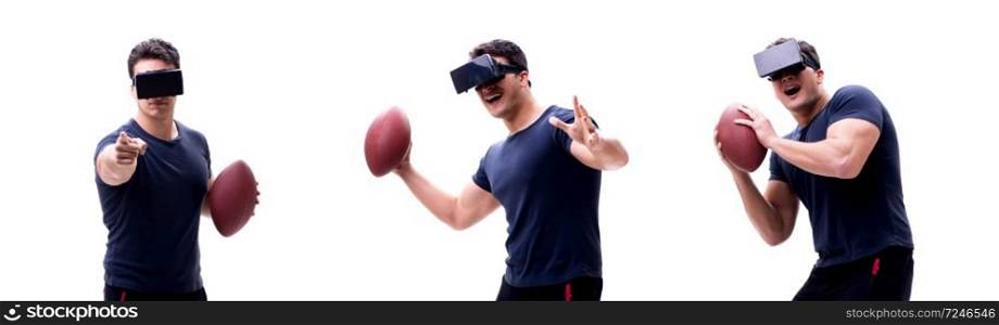 Male american footbal player wearing virtual reality VR glasses isolated on white. Male american footbal player wearing virtual reality VR glasses 