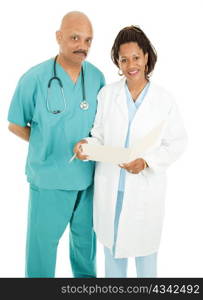 Male and female african-american doctors isolated on white.