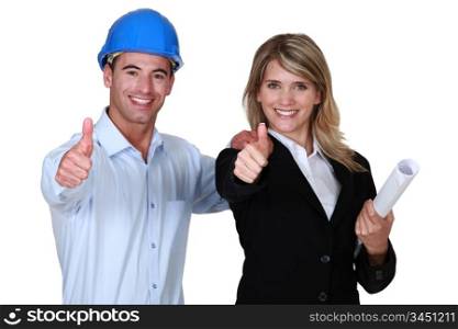 Male and female architect thumbs&rsquo; up