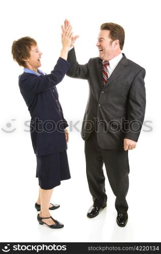Male and female business people slapping eachother high five. Full body isolated on white.