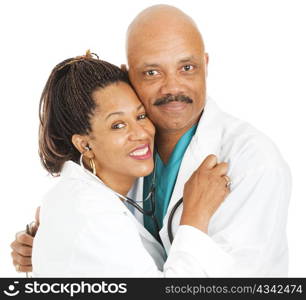 Male and female doctors in love. Isolated on white.