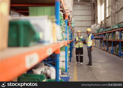 Male and female employees work to check the goods in the warehouse, It is a warehouse for storing and waiting for further distribution of goods to small traders.