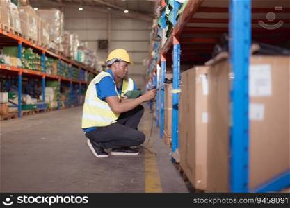 Male and female employees work to check the goods in the warehouse, It is a warehouse for storing and waiting for further distribution of goods to small traders.