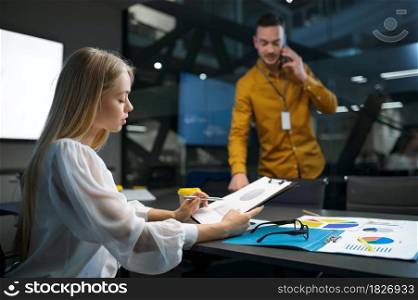 Male and female managers, meeting or idea presentation in IT office. Professional teamwork and planning, group brainstorming and corporate work. Male and female managers, meeting in IT office