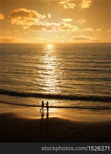 Male and female silhouettes meet at romantic sunset beach. Couple meets at sunset beach