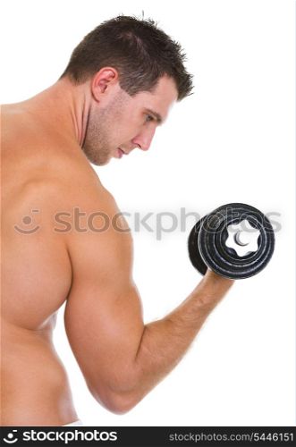 Male athlete with strong biceps rising dumbbell