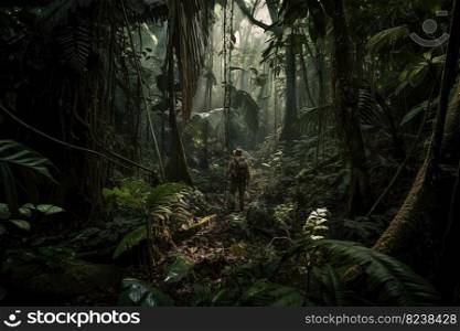 Male Backpacker Lost in the Forest Created with Generative AI Technology