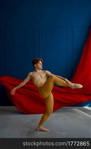 Male ballet dancer, balance exercise in dancing studio, blue walls and red cloth on background. Performer with muscular body, grace and elegance of movements. Male ballet dancer, balance exercise in studio