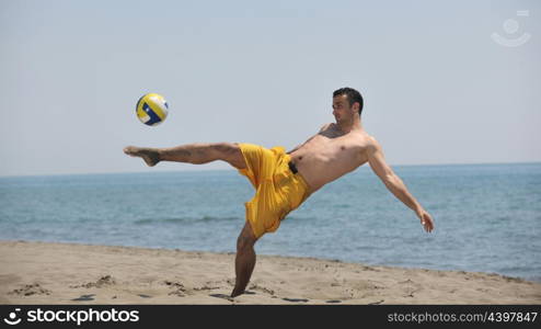 male beach volleyball game player jump on hot sand