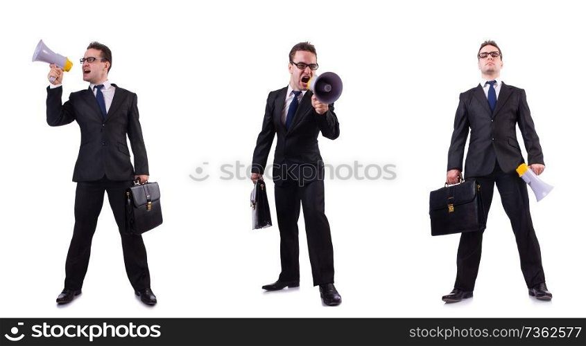 Male boss with megaphone isolated on white 
