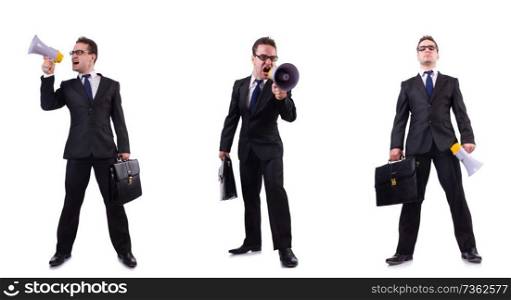 Male boss with megaphone isolated on white 