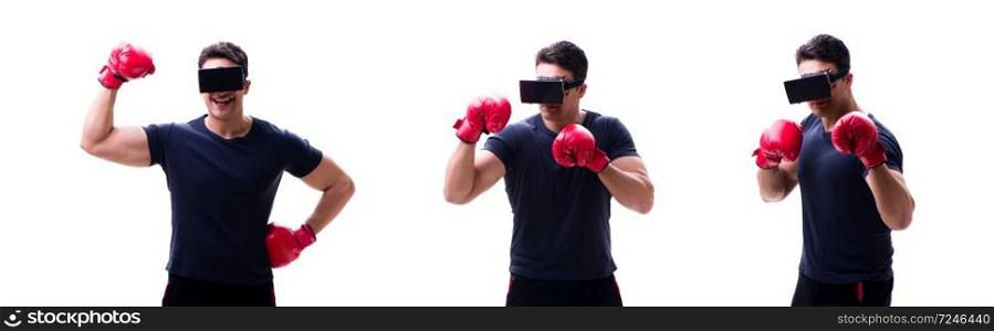 Male boxer wearing virtual reality VR glasses isolated on white 