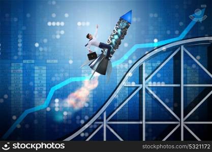 Male businessman flying on rocket in business concept