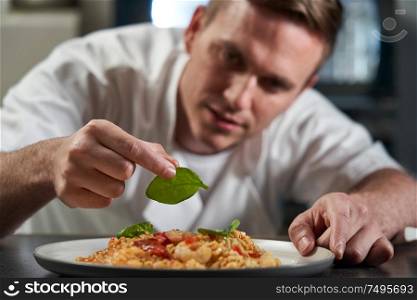 Male Chef Garnishing Plate Of Food In Professional Kitchen
