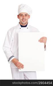 Male chef with menu. isolated over white background