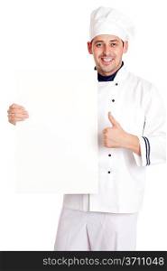 Male chef with menu. isolated over white background