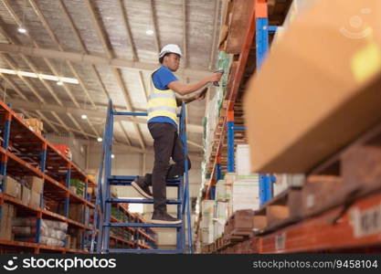 Male clerk using digital tablet while standing on stairs in warehouse to inspect goods