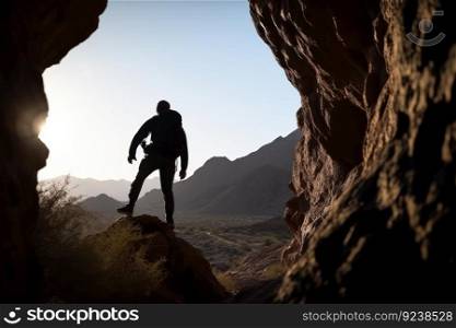 male climber climbing mountains dark silhouette against the background of the sun generative ai.