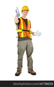 Male construction worker directing with hand signals in vest and hard hat