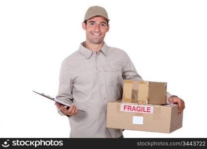 Male courier with parcels and a clipboard