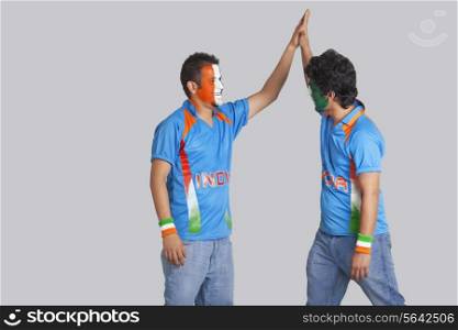 Male cricket fans in jerseys giving a high-five to each other over colored background