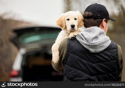 Male Criminal Stealing Or Dognapping Puppy During Health Lockdown