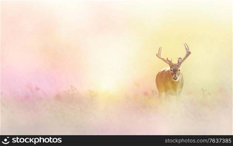 Male deer in tall yellow grass in the sunlight.