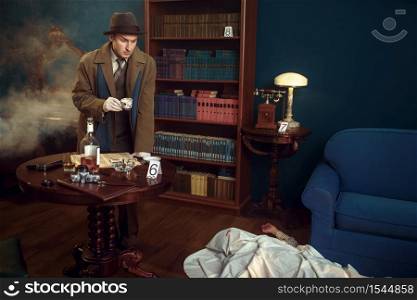 Male detective with cap of coffee at the crime scene, retro style. Criminal investigation, inspector is working on a murder, vintage room interior on background. Detective with cap of coffee at the crime scene