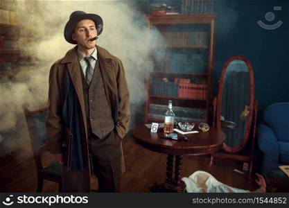 Male detective with cigar holds leather folder, victim under the cape at the crime scene, retro style. Criminal investigation, inspector is working on a murder, vintage room interior on background. Detective with cigar holds leather folder, retro