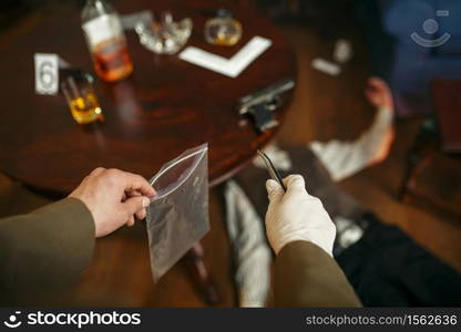 Male detective with tweezers searches evidence at the crime scene, retro style. Criminal investigation, inspector is working on a murder, vintage room interior on background. Male detective with tweezers searches evidence