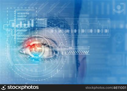 Male digital eye. Close up of man eye in process of scanning