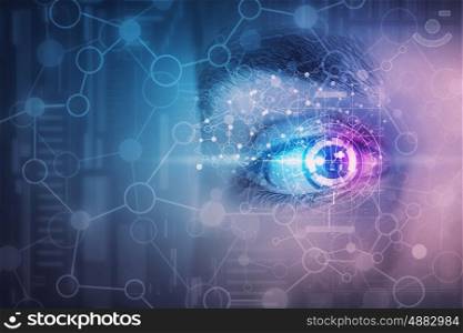 Male digital eye. Close up of man eye in process of scanning