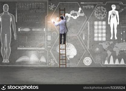 Male doctor climbing ladder in medical concept