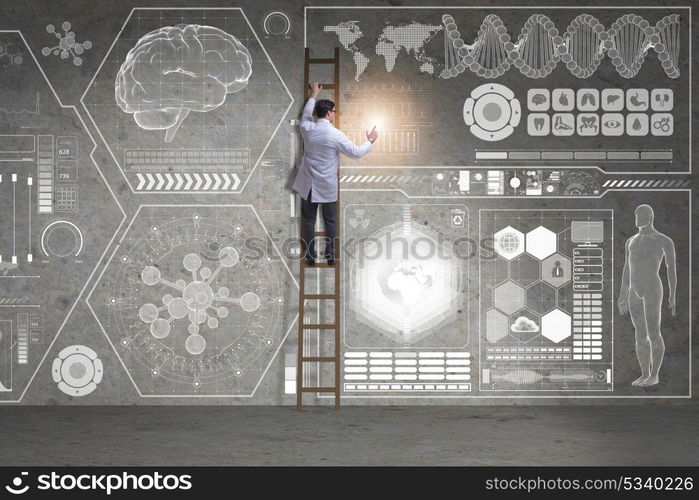 Male doctor climbing ladder in medical concept