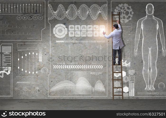 Male doctor climbing ladder in medical concept