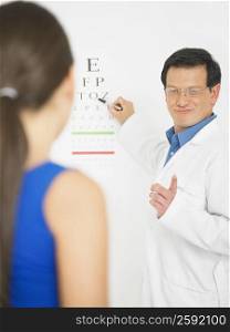 Male doctor doing an eye exam of a female patient