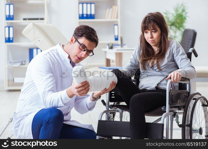 Male doctor examining female patient on wheelchair