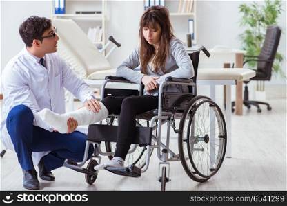Male doctor examining female patient on wheelchair