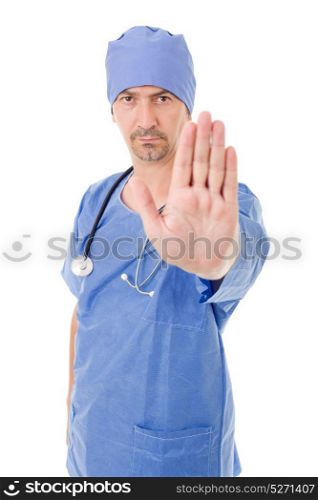 male doctor going stop with his hand, isolated