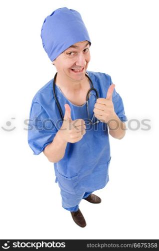 male doctor going thumb up, full length, isolated on white. doctor