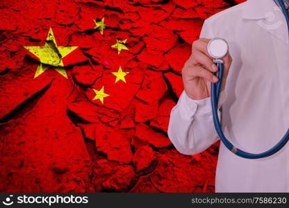 Male doctor on China flag background. Concept of corona virus.. Concept of corona virus.