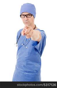 male doctor pointing, isolated on white background