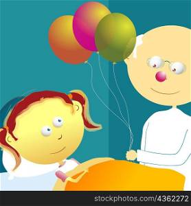 Male doctor standing near a patient and holding balloons